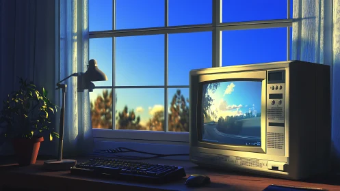 Retro CRT monitor by sunlit window in tranquil study.