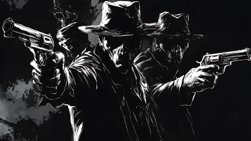 Trio of armed figures stand in high-contrast monochrome