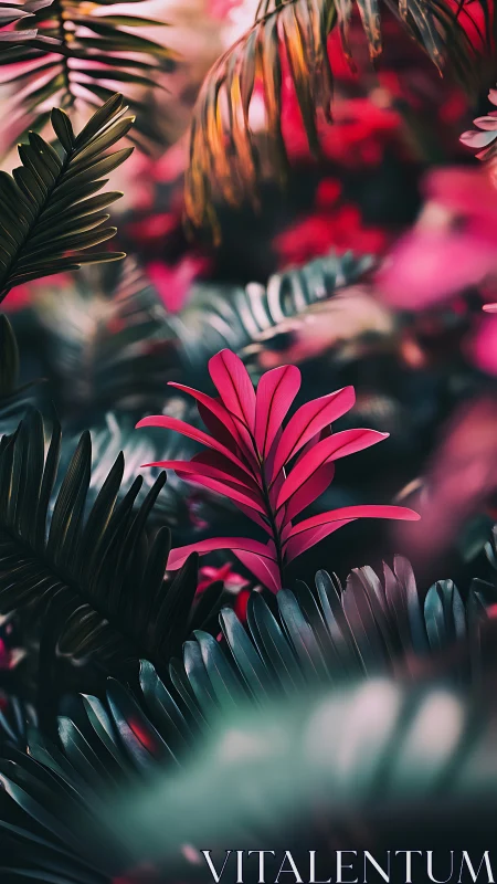 Pink tropical leaf among dark green foliage in soft focus.