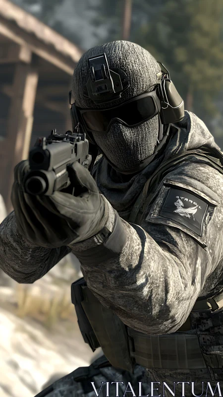 Tactical soldier aiming pistol in winter camouflage gear.