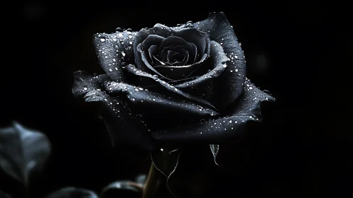 Black rose macro shows detailed petals with water droplets