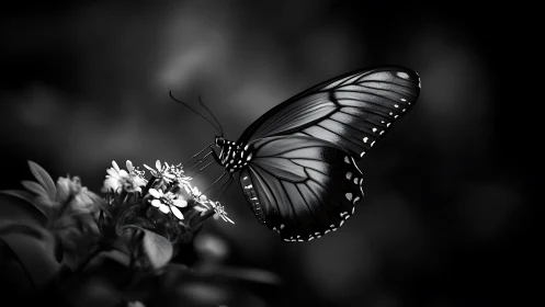 Monochrome butterfly rests on blossoms in soft bokeh glow.