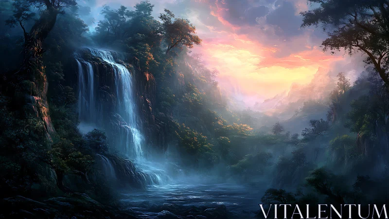 Waterfall landscape with morning light atmospheric rendering