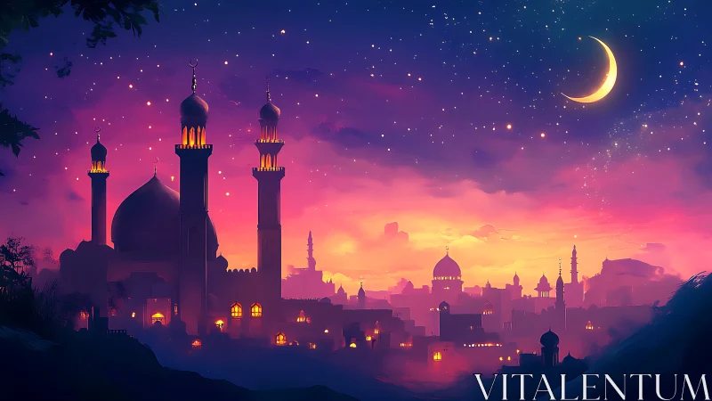 Crescent moon over illuminated minarets at twilight skyline