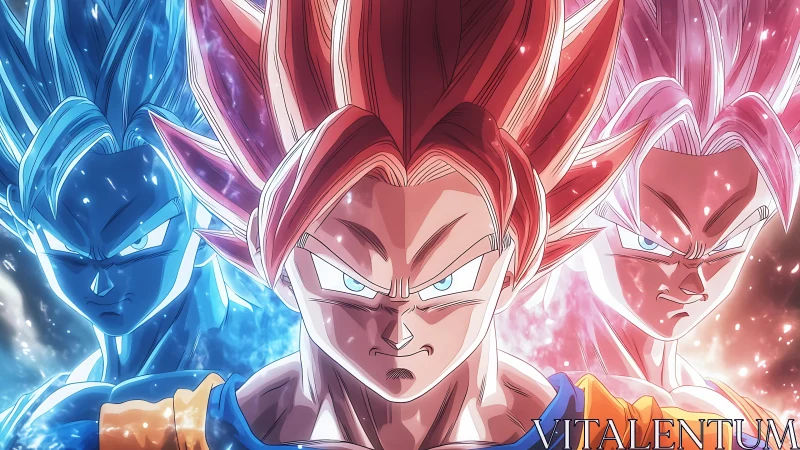 Triadic anime warriors rendered with chromatic energy halos.