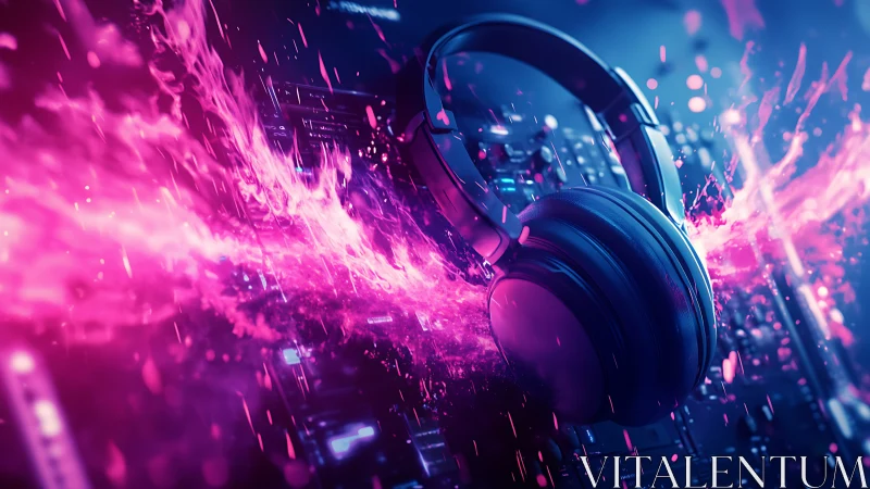 Headphones with pink energy wave over digital soundboard.