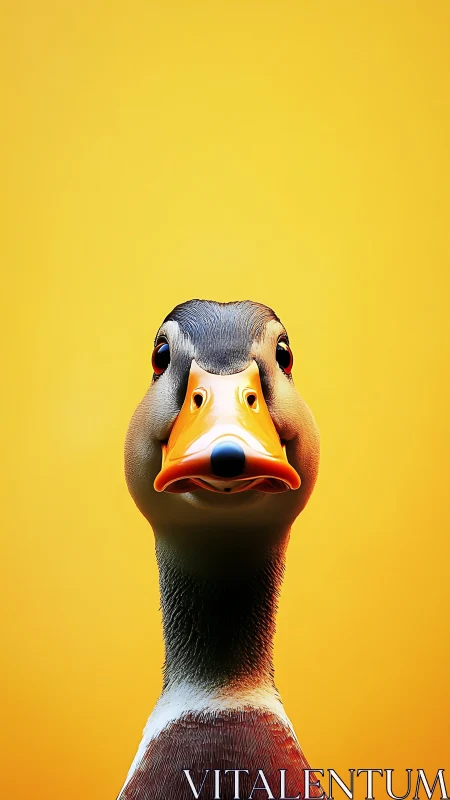 Hyperreal duck portrait isolates form against saturated yellow field