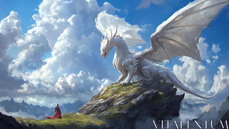 Epic digital painting of white mountain dragon and lone rider.
