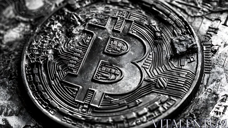Corroded metallic bitcoin token displays worn circuitry under macro focus