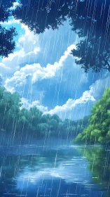 Rain falls over forest lake under bright broken clouds