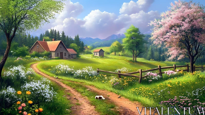 Country path with cottages, flowering meadow, and distant hills.