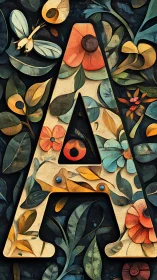 Floral letter A illustration with carved botanical motifs.
