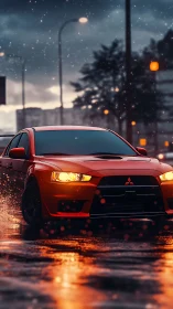 Midnight rain drive with a glowing red city street racer.