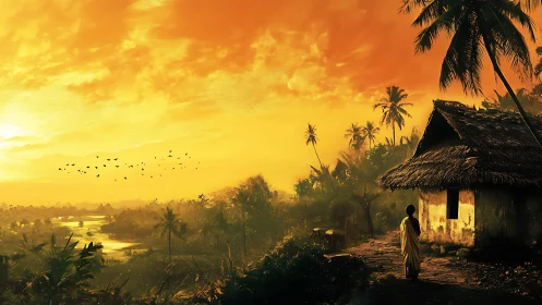 Digital painting of tropical riverside village at sunset glow.