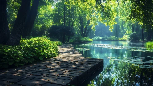 Shaded stone path curves beside calm pond in green park.