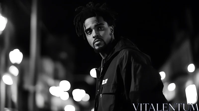 Urban portrait in monochrome bokeh with contemplative gaze.