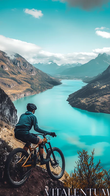 Cyclist gazes across turquoise waters cradled by alpine peaks