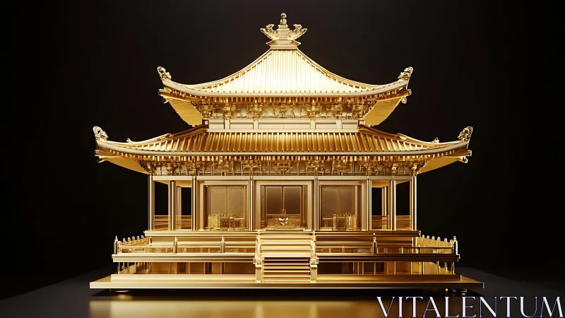 Golden pagoda rendered in high-gloss 3D architectural symmetry