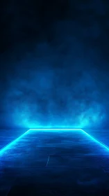 Neon-lit geometric portal opens onto mist-filled blue void