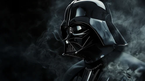 Black armored helmeted figure in smoke on dark background.