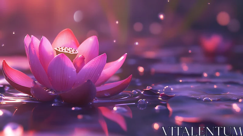 Twilight lotus drifts through sparkling violet dreamwater.