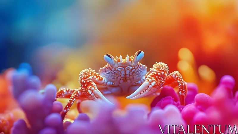 Curious reef crab peeking through a rainbow coral dream.
