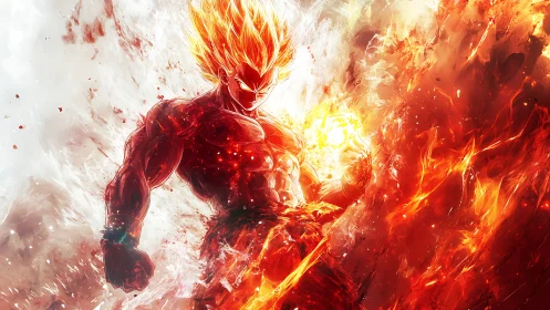 Fiery anime warrior ignites power amid swirling cosmic flames