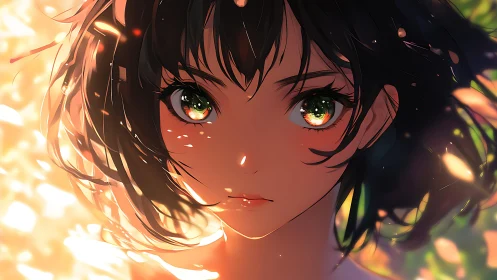 Sun-drenched gaze holds twilight sparks inside quiet eyes