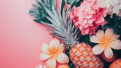 Tropical pineapples and flowers share a sunny pink paradise
