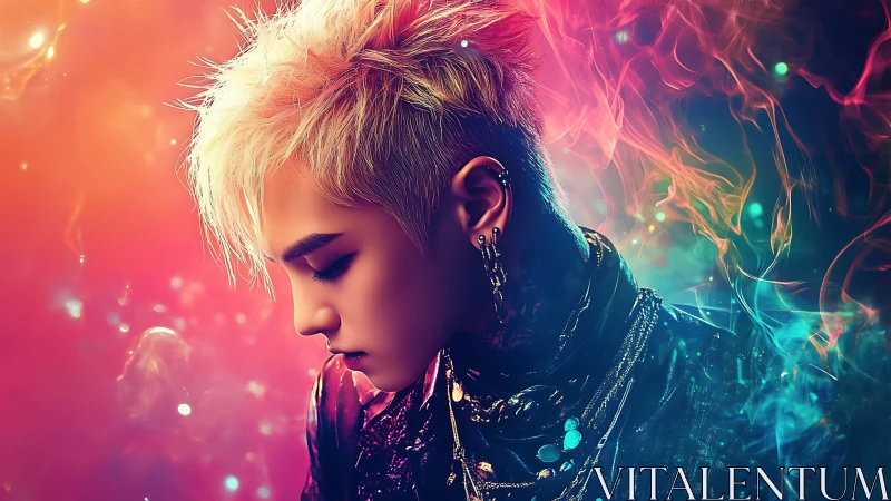 Neon-lit cyberpunk portrait in iridescent gradient vaporwave style.