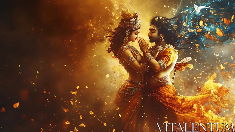 Digital painting of divine lovers in swirling golden aura.