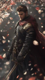Medieval warrior in ornate armor under falling petals.