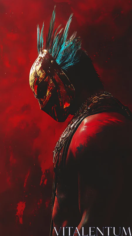 Fierce masked warrior pauses in a vivid red battlefield haze