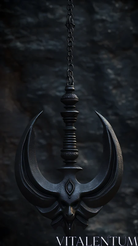 Suspended demonic war axe rendered in dark forged steel.