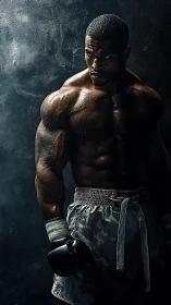 Muscular Athlete In Boxing Stance Against Textured Dark Background