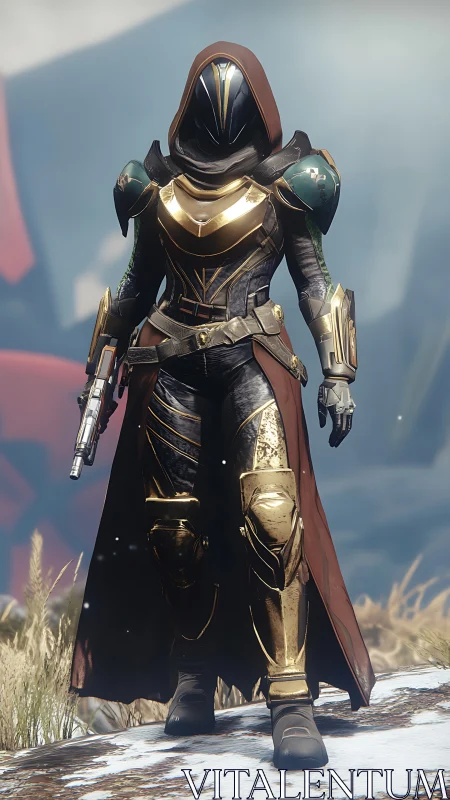 Hooded exo-ranger in gold-trimmed ballistic combat armor.