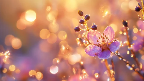 Dewdrops and Dreams: A Purple Flower's Golden Moment.