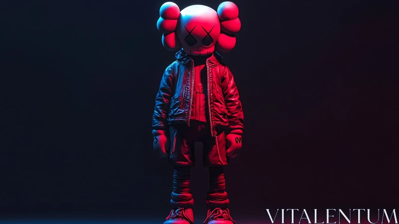Streetwear vinyl figure under neon red and blue light.