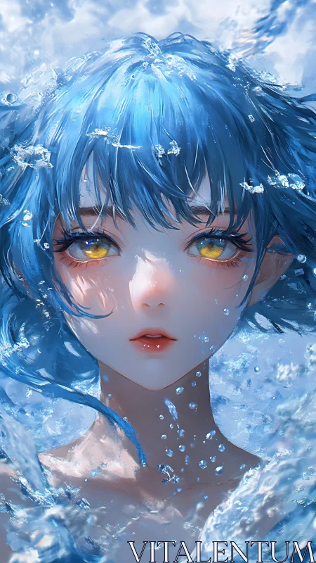 Aqua-haired anime portrait integrates refractive water caustics