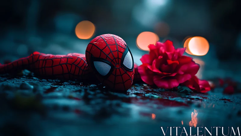 Spider hero mask resting beside vivid rose on wet street.