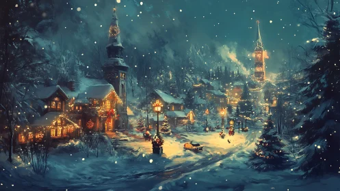 Snow-covered alpine village glows under festive winter lights