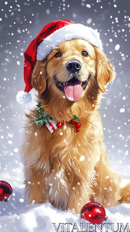 Golden Christmas rascal crowned in sparkling snowfall.