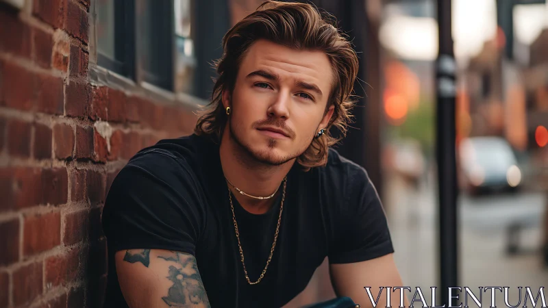 Urban portrait shows tattooed man leaning against brick wall.