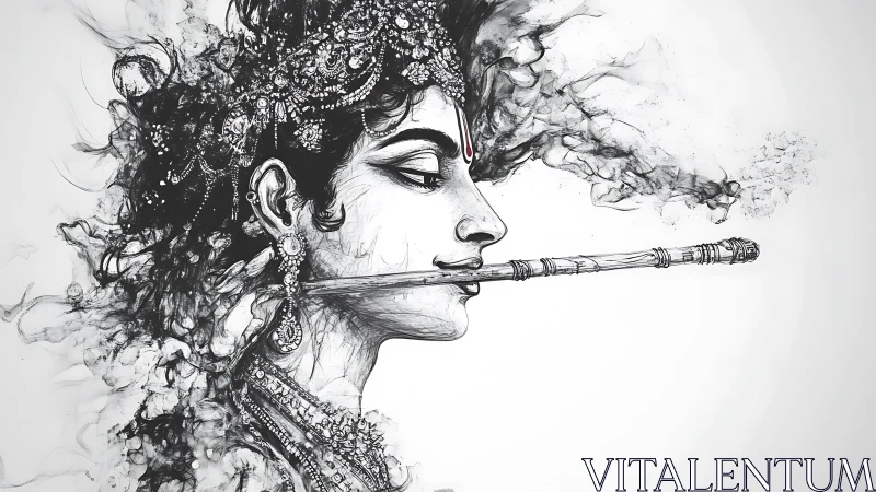 Profile ink portrait of adorned figure with flute detail.
