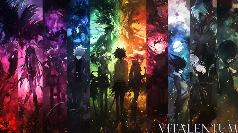 Stylized anime characters arranged in vertical color panels