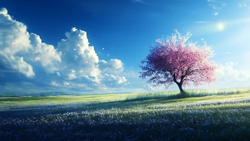 Solitary pink tree stands in bright meadow under vast sky