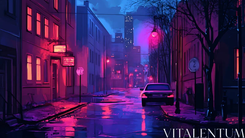 Urban street scene shows wet roadway under neon lighting