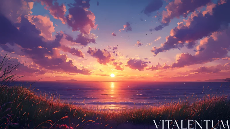 Sunset sky ignites tranquil ocean horizon with vivid light.