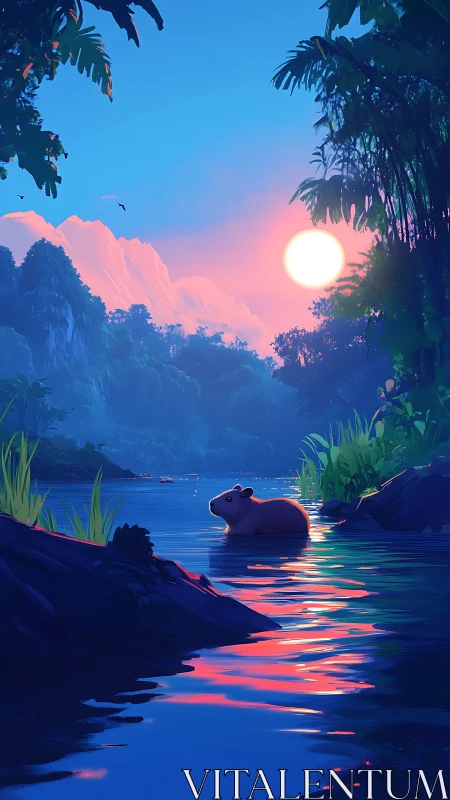 Capybara drifts through neon sunset ripples in jungle hush