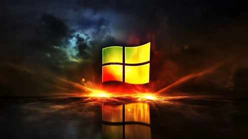 Glowing Windows logo hovers over fiery digital horizon.